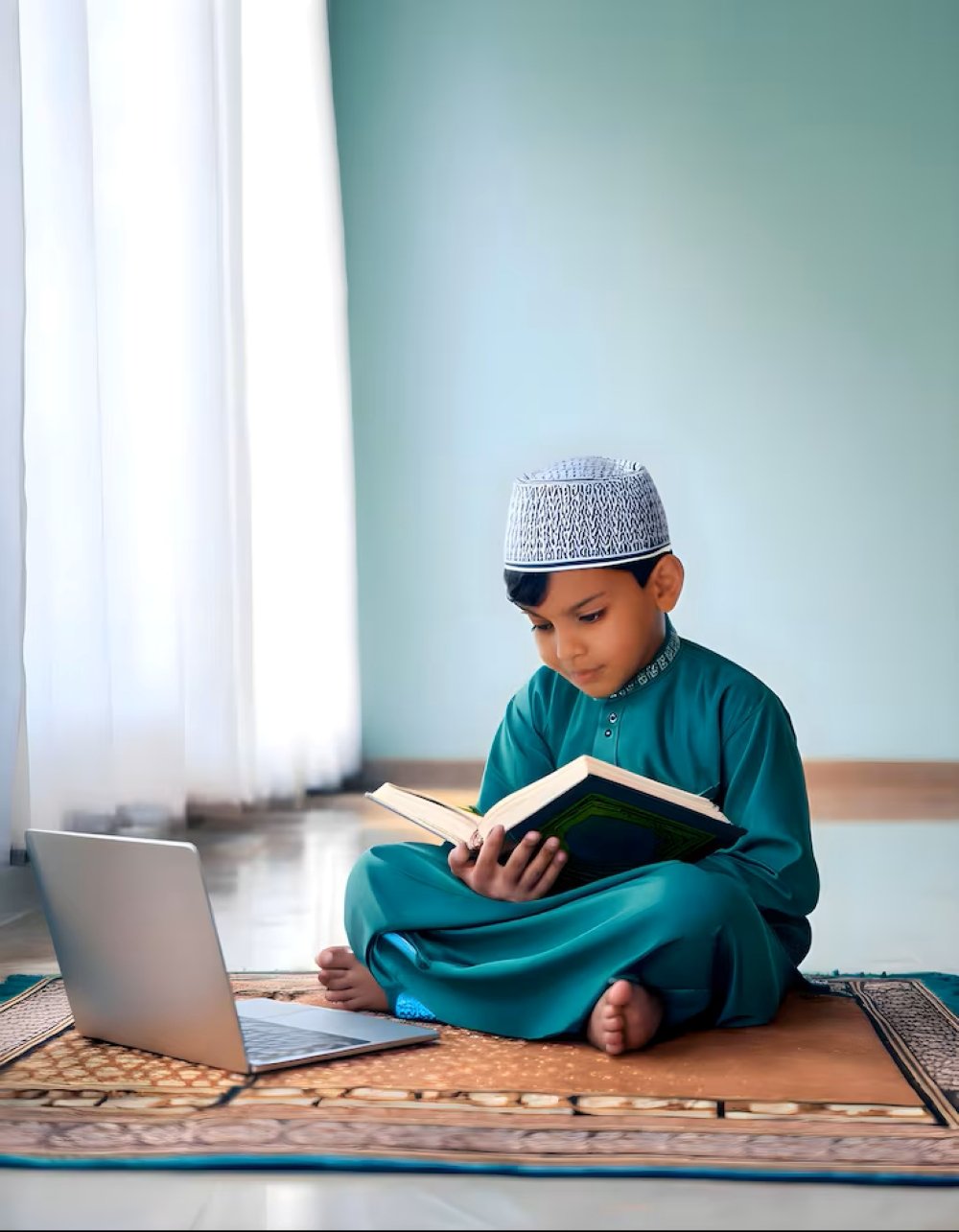 Child reading Quran carefully with guidance